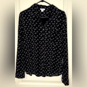 Sundance Black Horse and Floral Button-Up Blouse Black with White Stitching